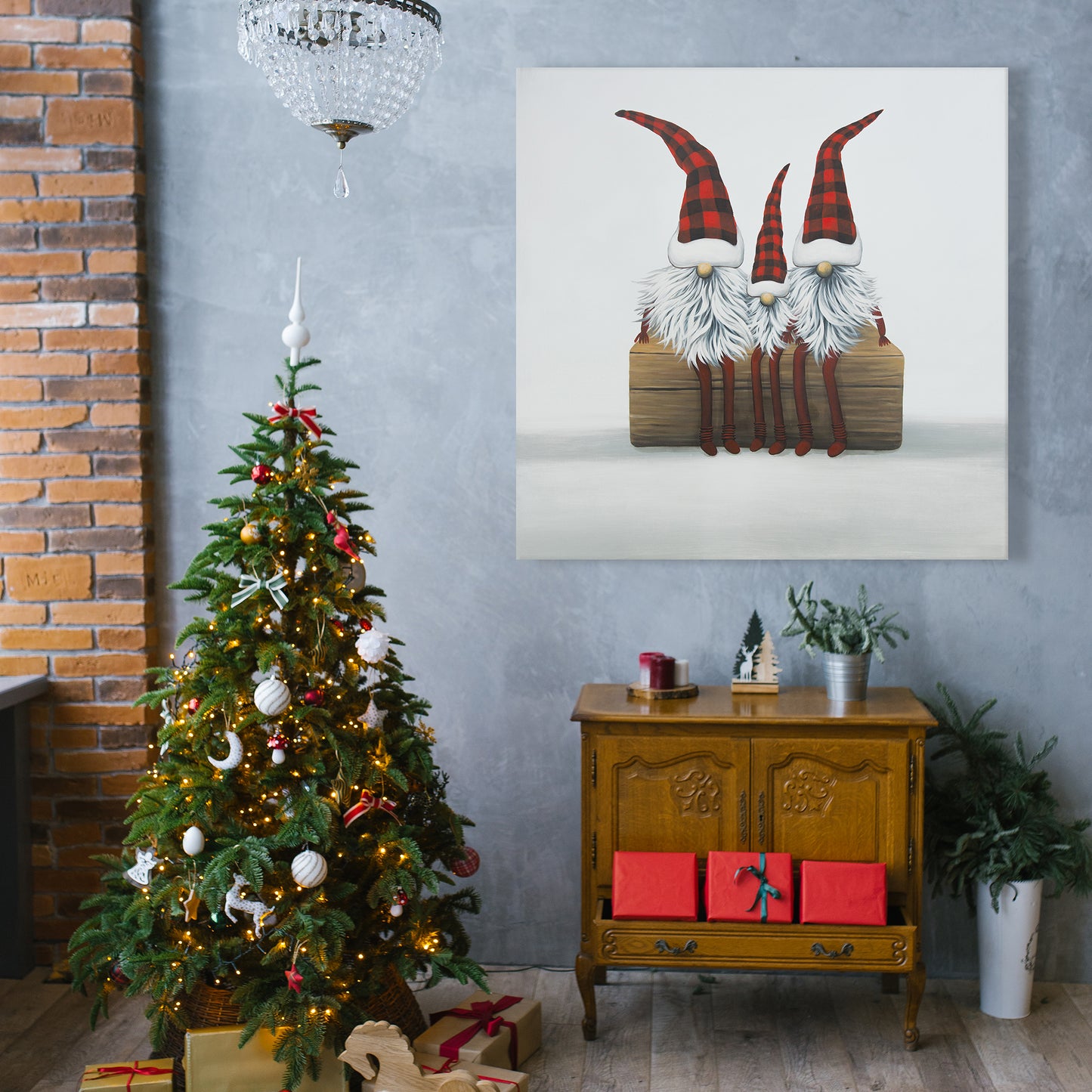 Three Christmas Gnomes White Canvas | Festive Bedroom Decor
