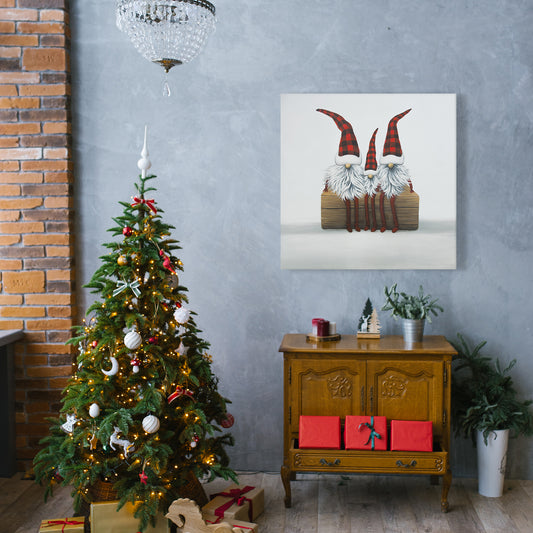 Three Christmas Gnomes White Canvas | Festive Bedroom Decor