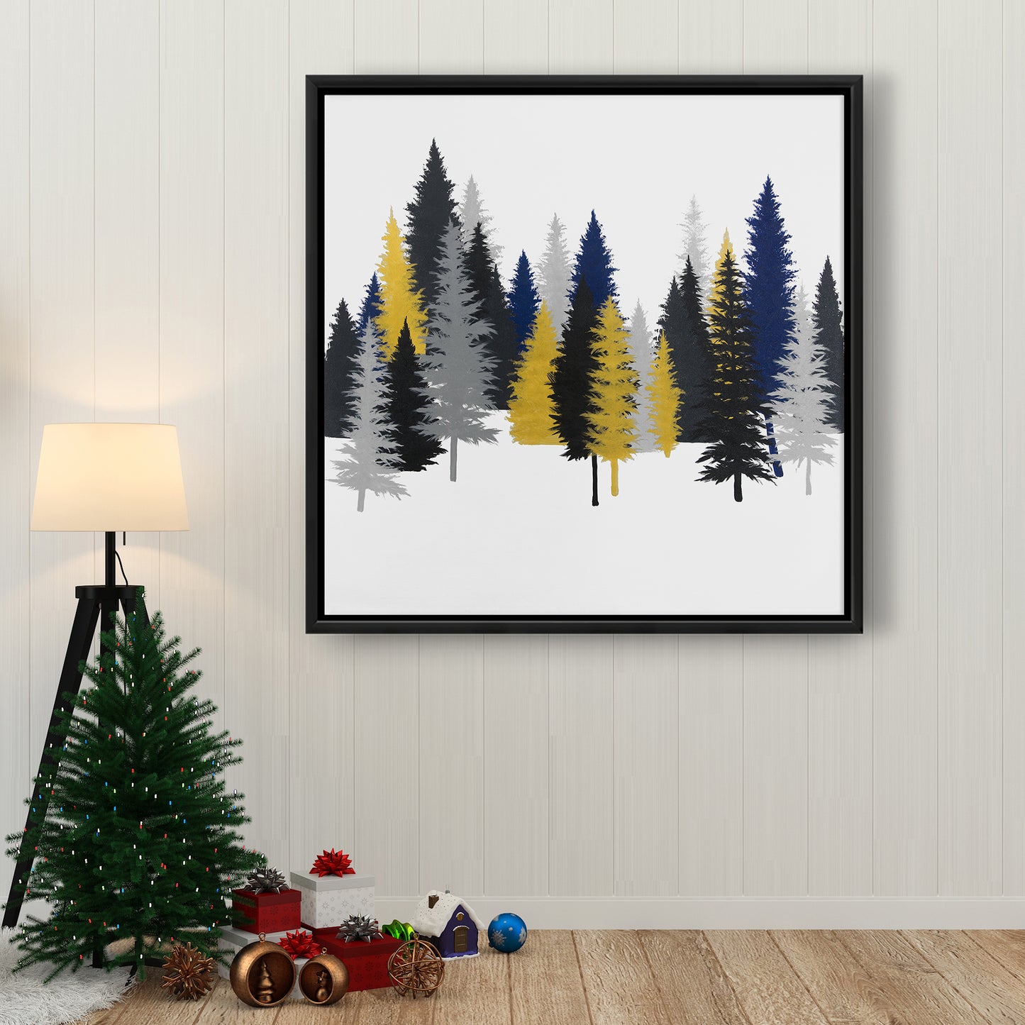 Toile encadrée rustique bleu sapin doré | Décoration d'intérieur