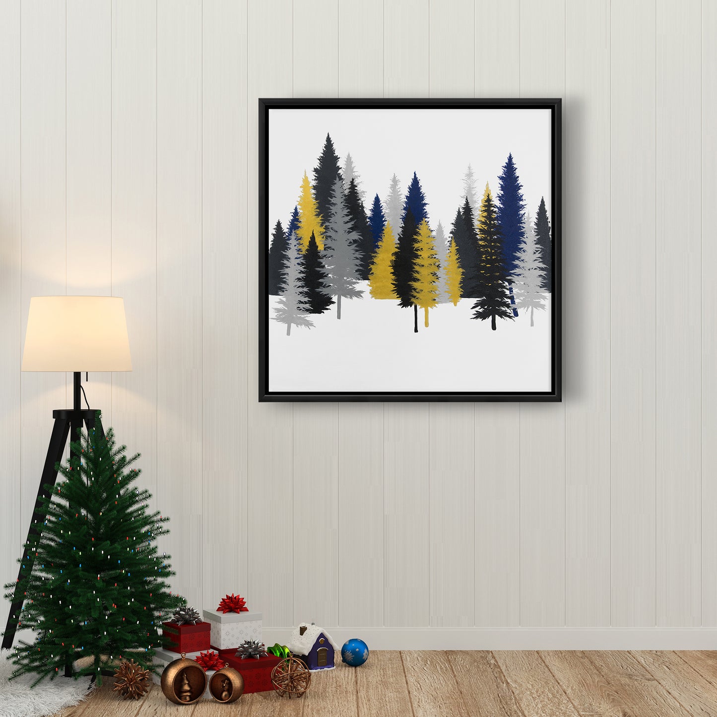 Toile encadrée rustique bleu sapin doré | Décoration d'intérieur