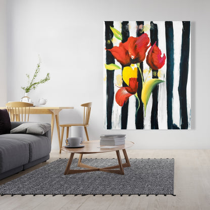 Red Flowers on Stripes Canvas - Botanical Fashion Home Decor