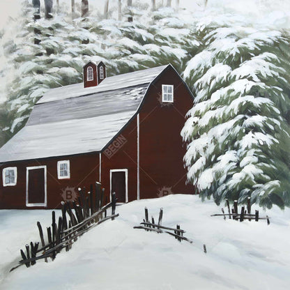 Red Barn in Snow - Trees Architecture White Canvas Home Decor