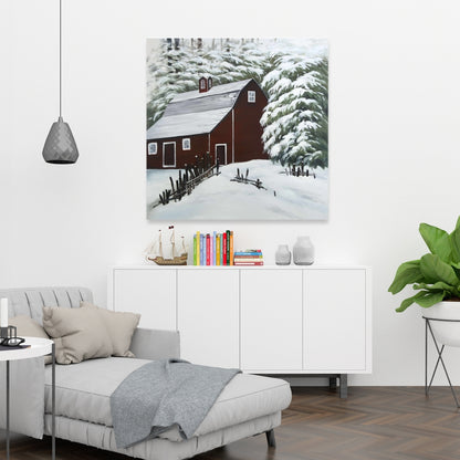 Red Barn in Snow - Trees Architecture White Canvas Home Decor