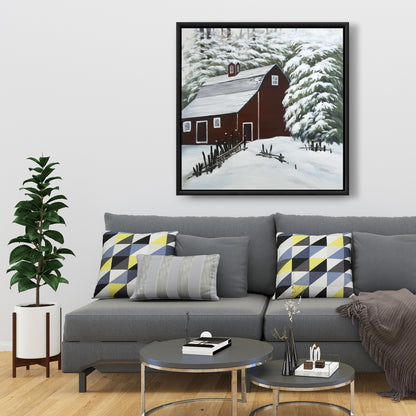 Red Barn in Snow Canvas | White Frame | Living Room Decor