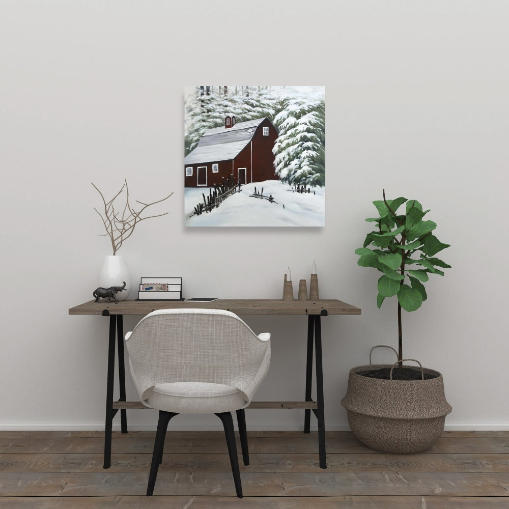 Red Barn in Snow - Trees Architecture White Canvas Home Decor