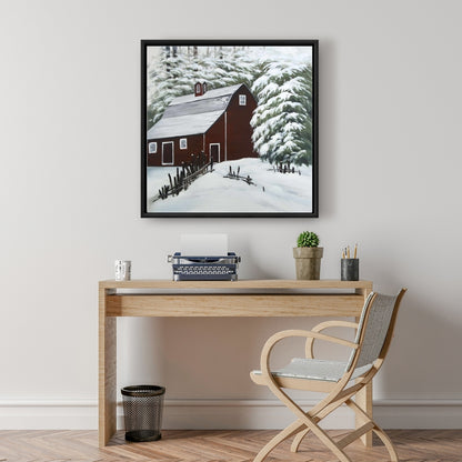 Red Barn in Snow Canvas | White Frame | Living Room Decor