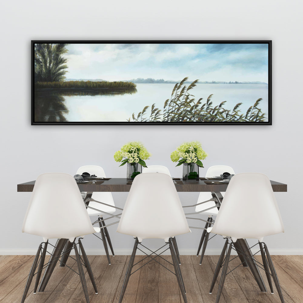 Quiet Lake Coastal Contemporary Blue Framed Canvas - Home Decor
