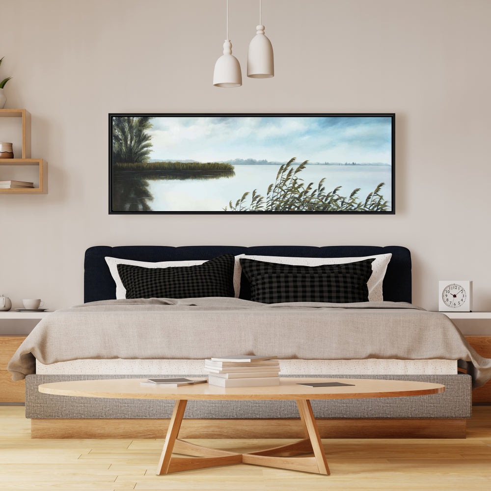 Quiet Lake Coastal Contemporary Blue Framed Canvas - Home Decor