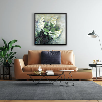 Toile botanique bleue contemporaine - Décoration d'intérieur lilas blancs