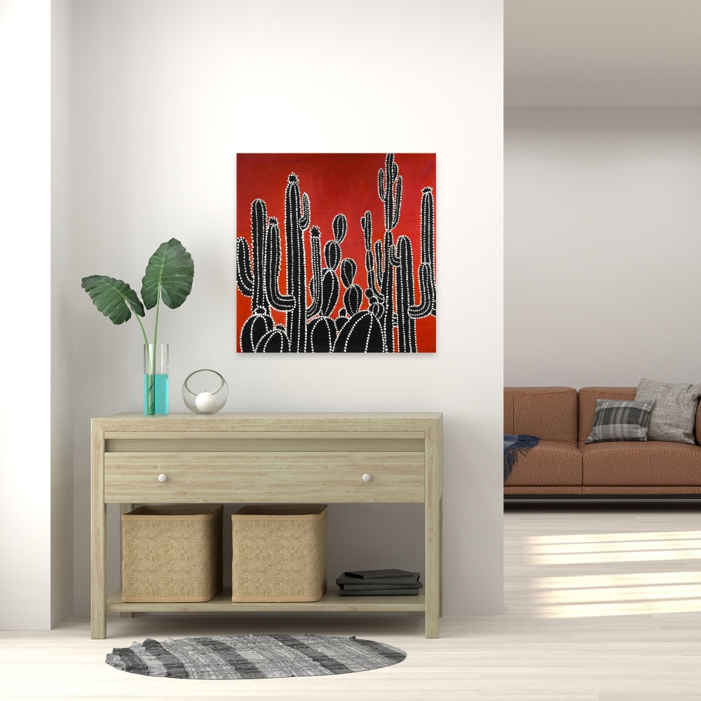 Black Tall Cactus Canvas | Retro Botanical Bedroom Decor