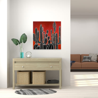 Black Tall Cactus Canvas | Retro Botanical Bedroom Decor