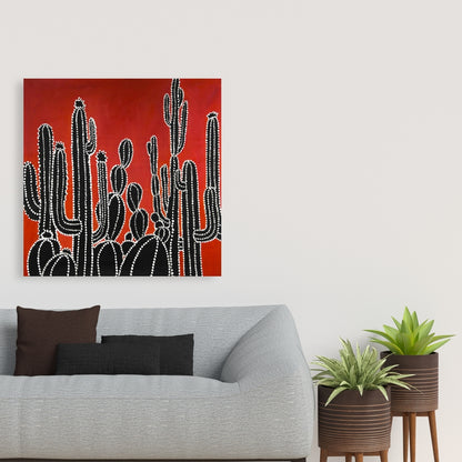 Black Tall Cactus Canvas | Retro Botanical Bedroom Decor
