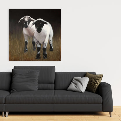 Two Lambs Black Canvas - Farm Animals Home Decor Artwork