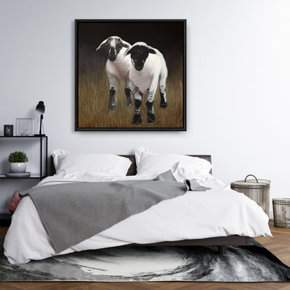 Toile encadrée Deux agneaux – Décoration de salon rustique avec animaux de la ferme