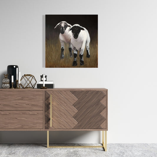 Two Lambs Black Canvas - Farm Animals Home Decor Artwork