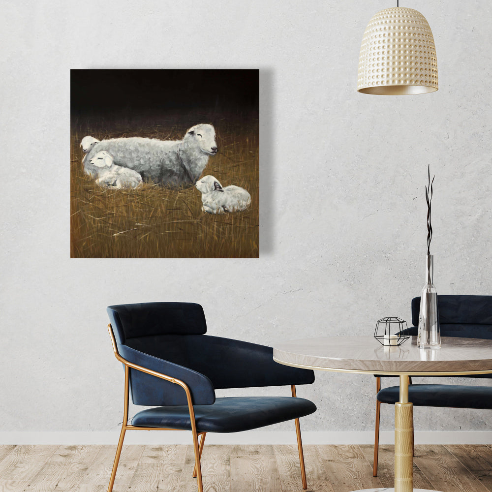 Farmhouse Sheep and Lambs Gray Canvas - Rustic Home Decor