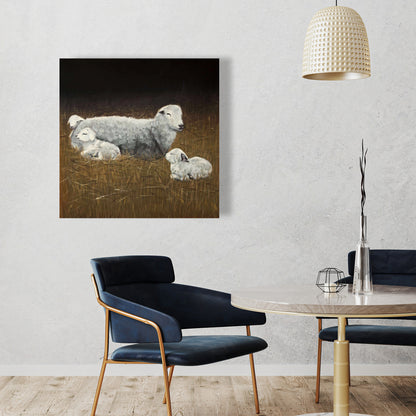 Farmhouse Sheep and Lambs Gray Canvas - Rustic Home Decor