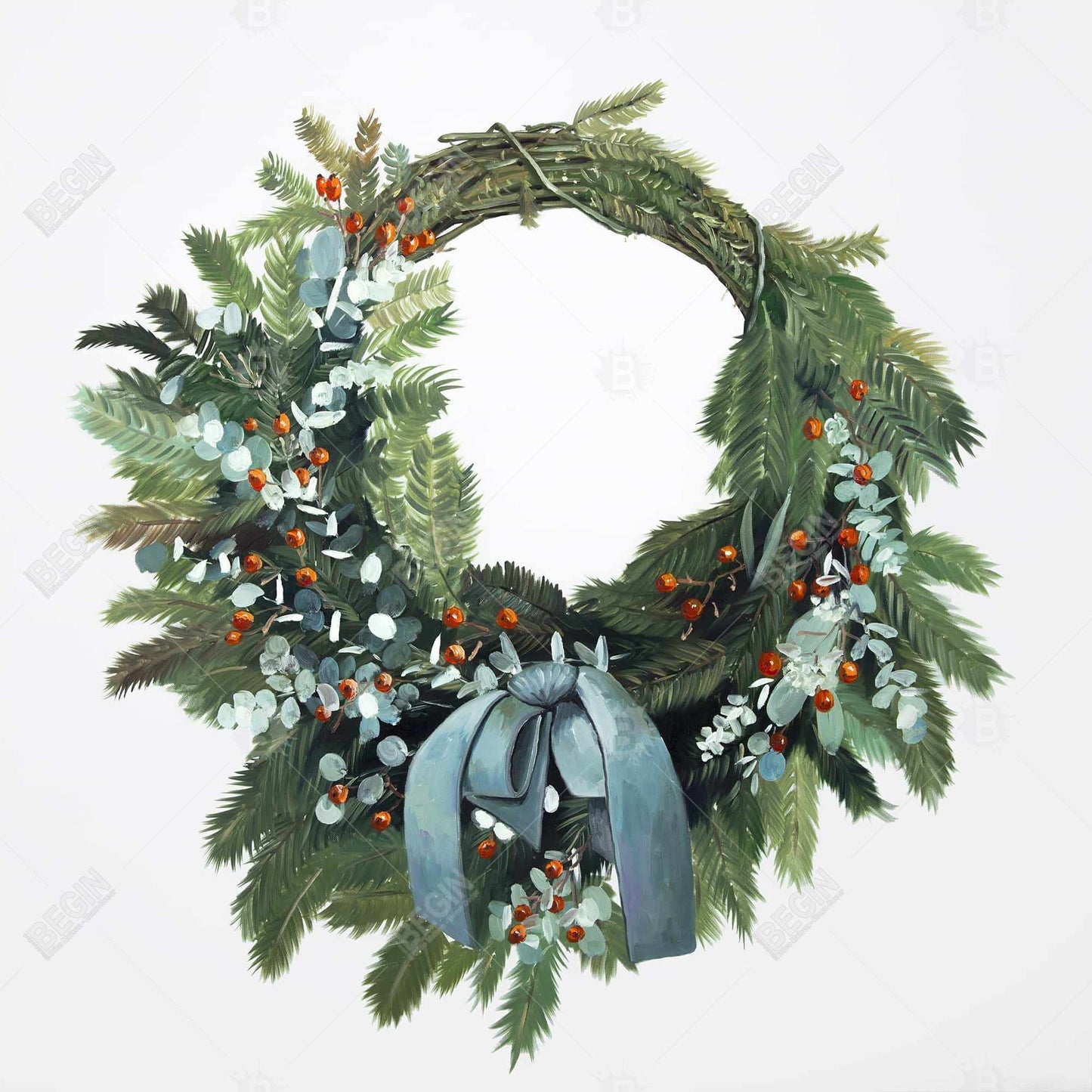 Christmas Wreath Botanical Green Canvas - Holiday Home Decor