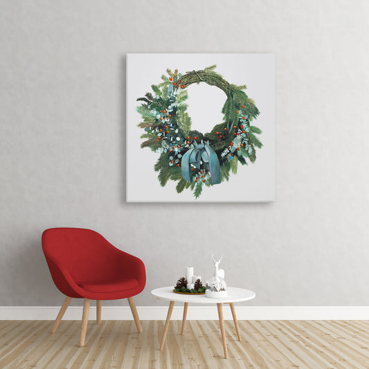 Christmas Wreath Botanical Green Canvas - Holiday Home Decor
