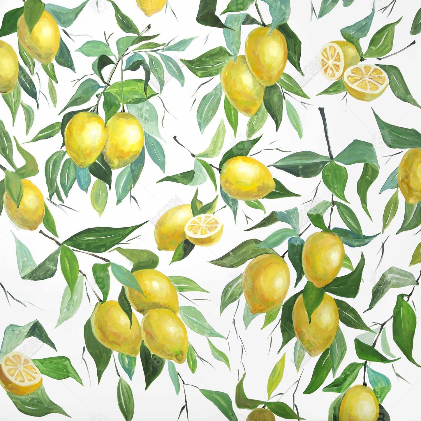 Toile encadrée jaune à motifs de citrons et de feuilles | Décoration d'intérieur
