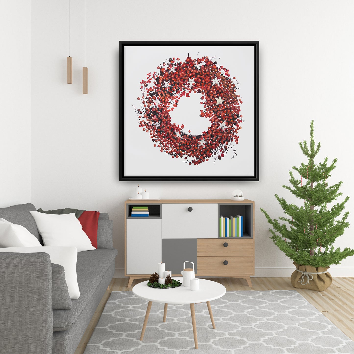 Red Berry Wreath Canvas | Botanical Livingroom Decor | Red Frame