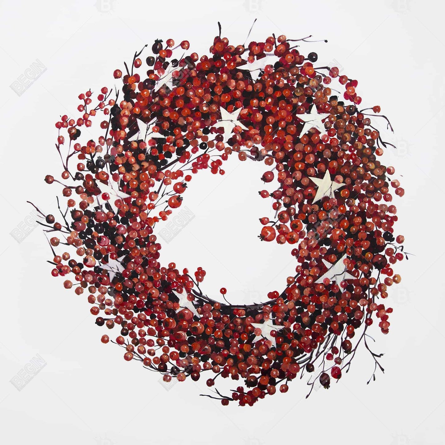 Red Berry Wreath Canvas | Botanical Livingroom Decor | Red Frame