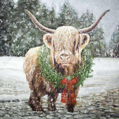Décoration de cuisine blanche en toile représentant une vache de Noël des Highlands