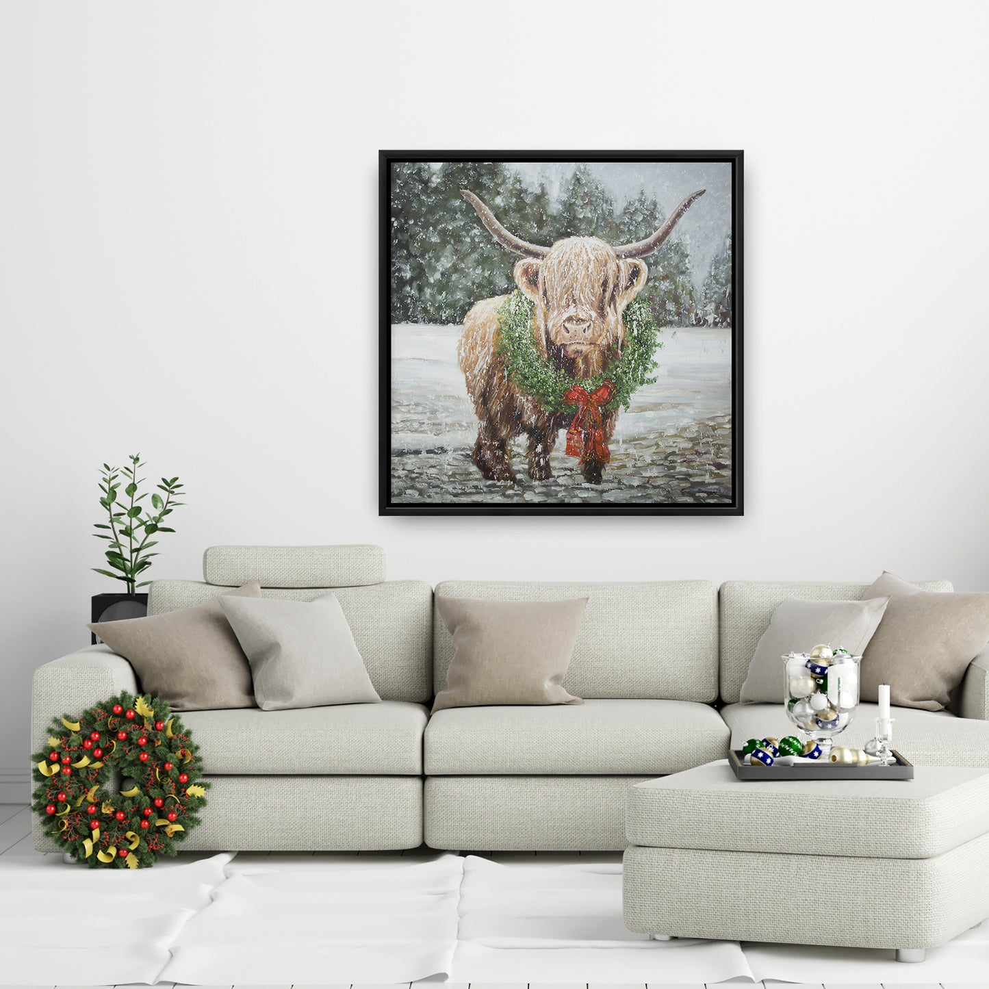 Décoration de cuisine blanche en toile représentant une vache de Noël des Highlands