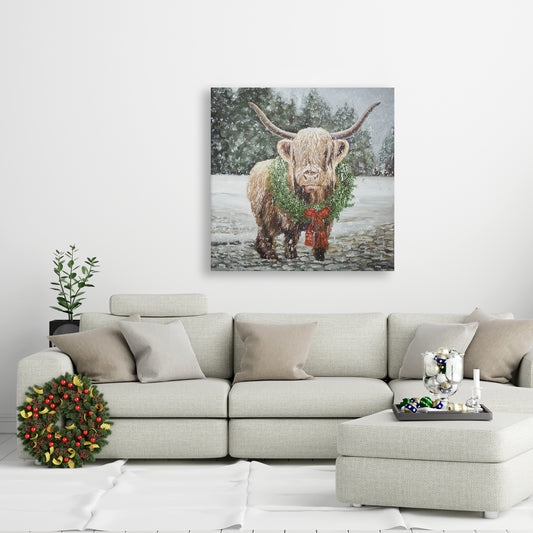Highland Christmas Cow Canvas | White Farm Animals Decor