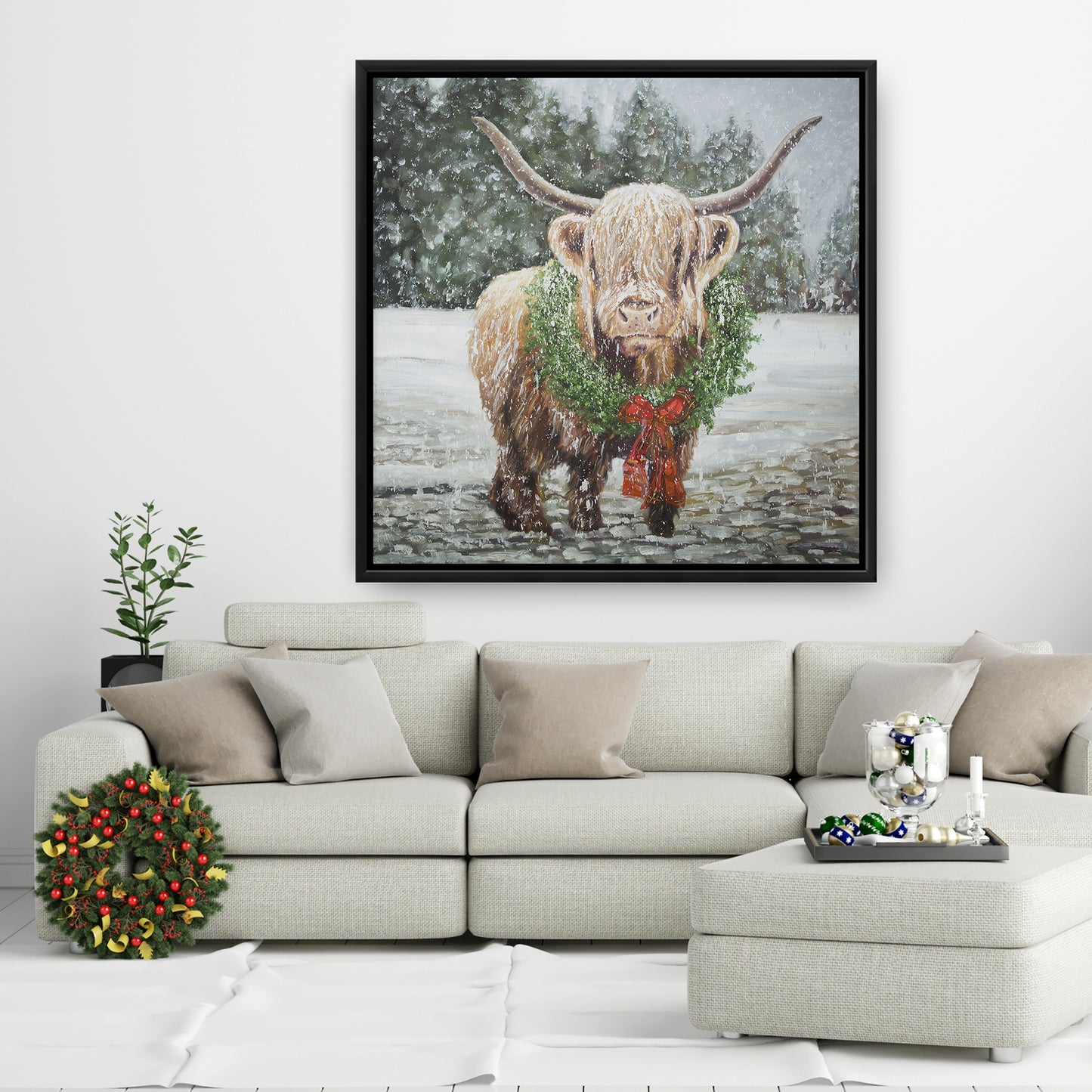 Décoration de cuisine blanche en toile représentant une vache de Noël des Highlands