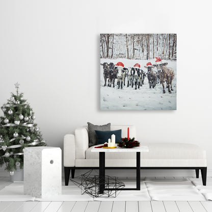 Curious Christmas Cows Canvas | Rustic Farm Animal Decor