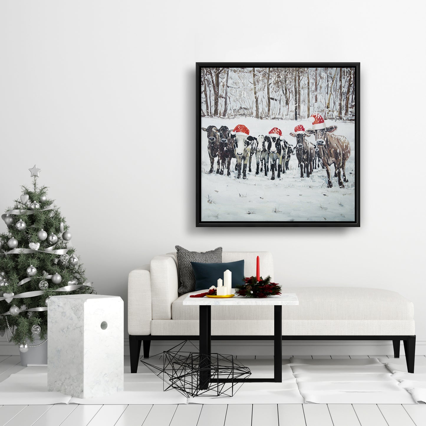 Toile « Vaches curieuses de Noël » | Décoration murale rustique avec animaux de la ferme