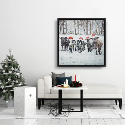 Toile « Vaches curieuses de Noël » | Décoration murale rustique avec animaux de la ferme