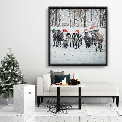 Toile « Vaches curieuses de Noël » | Décoration murale rustique avec animaux de la ferme