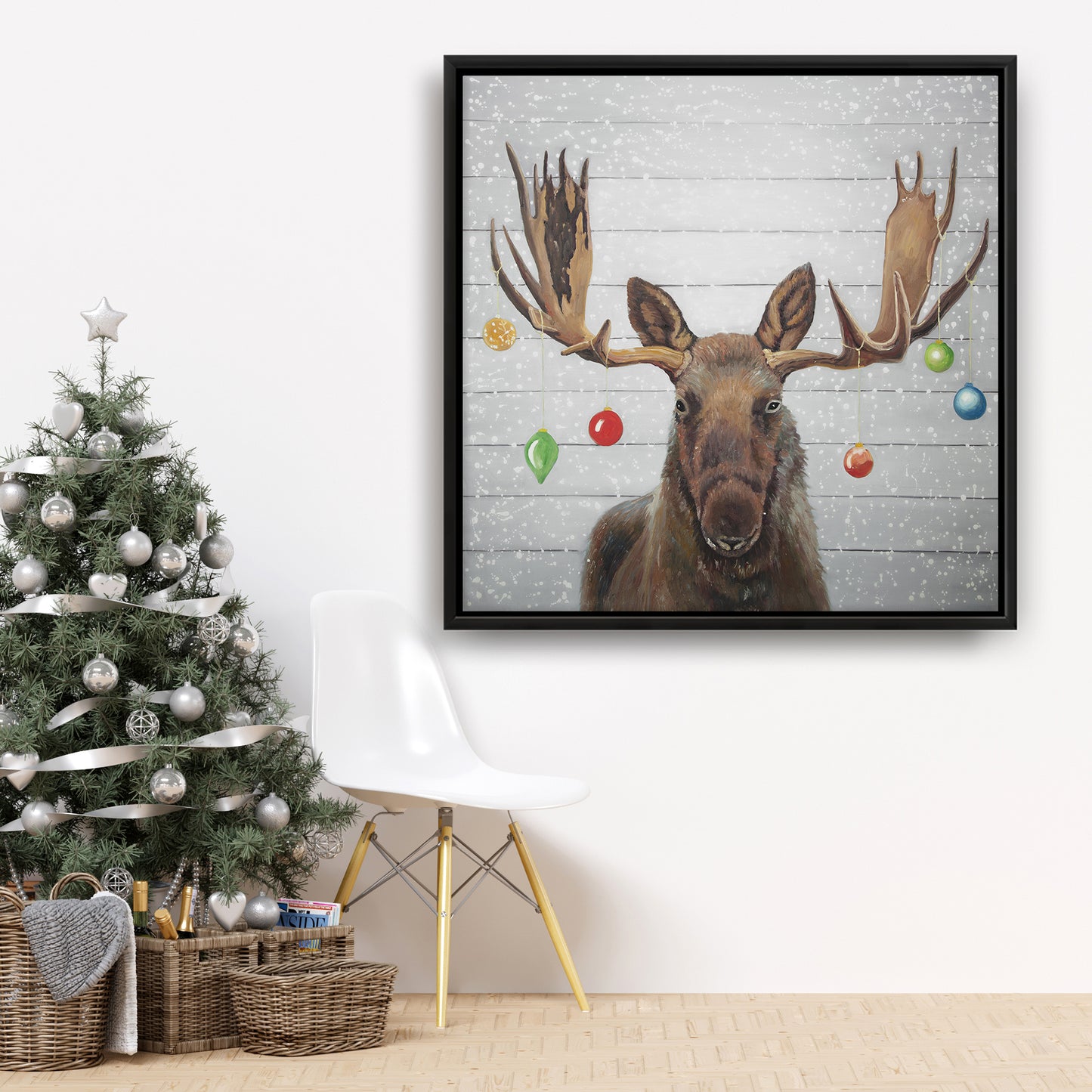 Rustic Moose Christmas Canvas | Brown Frame Home Decor