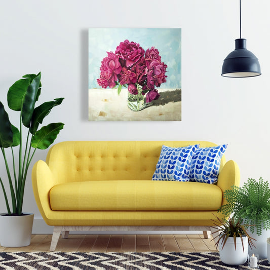 Fuchsia Peony Blue Canvas - Floral Home Decor Wall Art