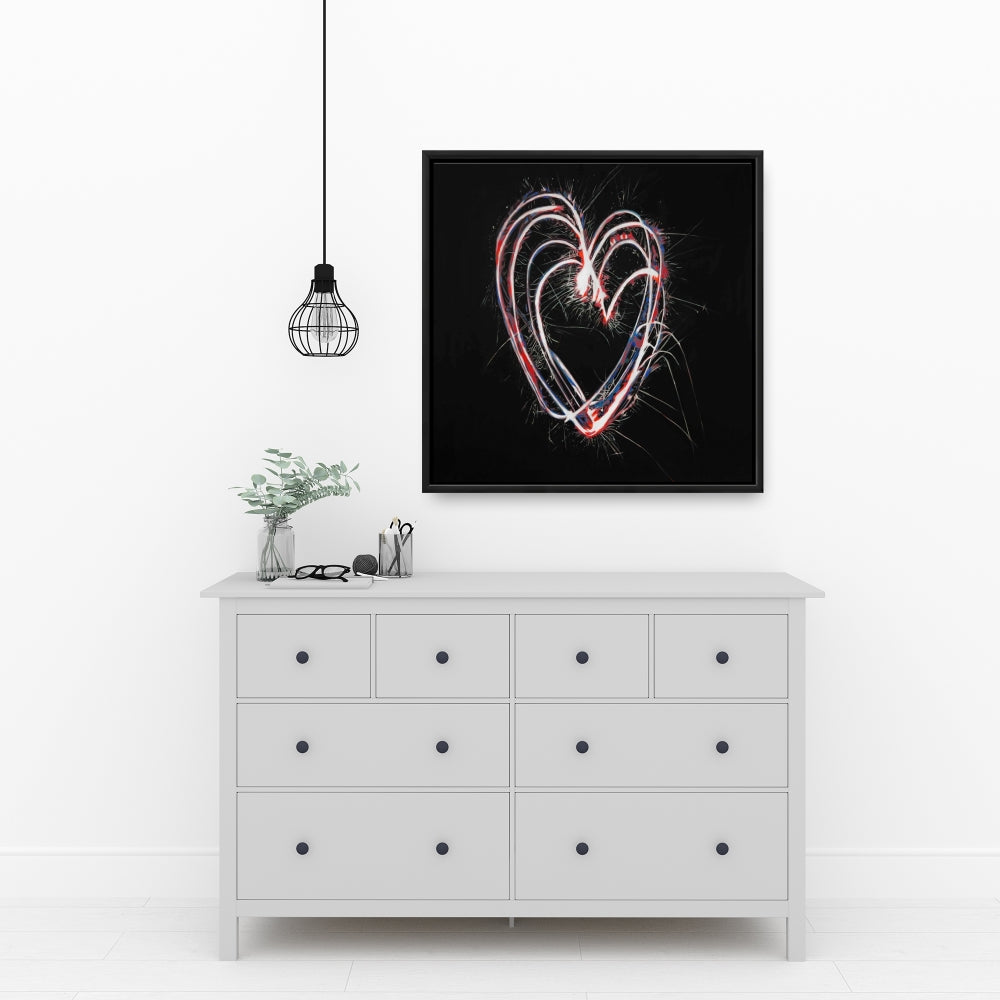 Red & Blue Fireworks Heart | Framed Canvas | Home Decor