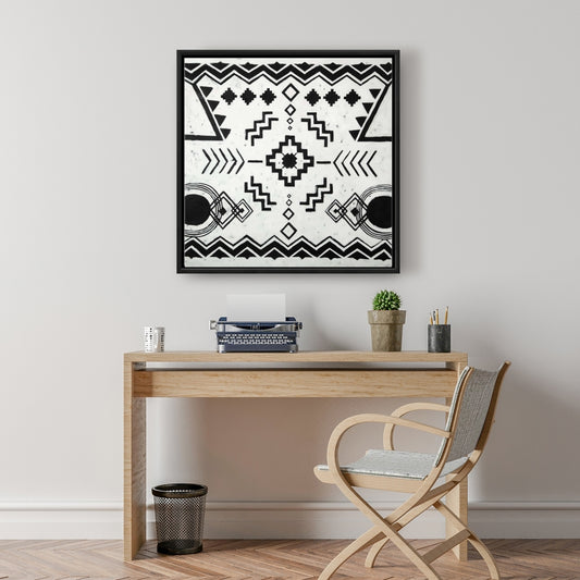 Toile encadrée blanche à motifs ethniques | Décoration de salon