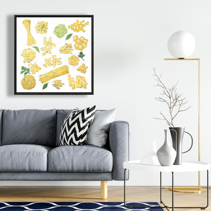 Toile encadrée « Divers types de pâtes » | Décoration de cuisine jaune