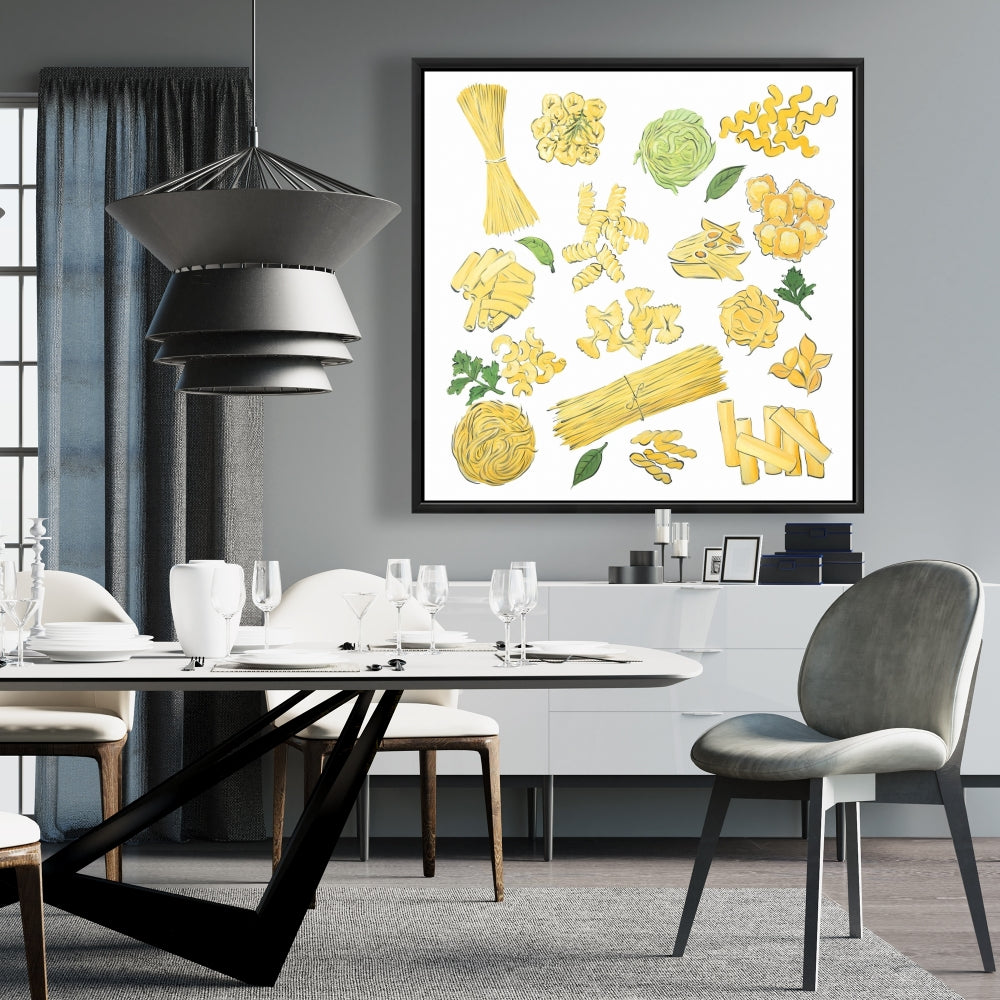 Toile encadrée « Divers types de pâtes » | Décoration de cuisine jaune