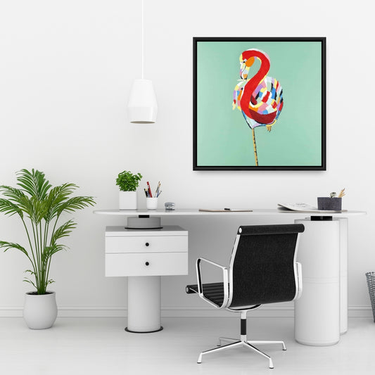 Toile encadrée colorée et abstraite représentant un flamant rose – Décoration d'intérieur Red Bird