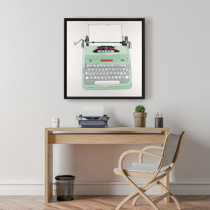 Mint Typewriter Framed Canvas | Retro Neo Home Decor Art