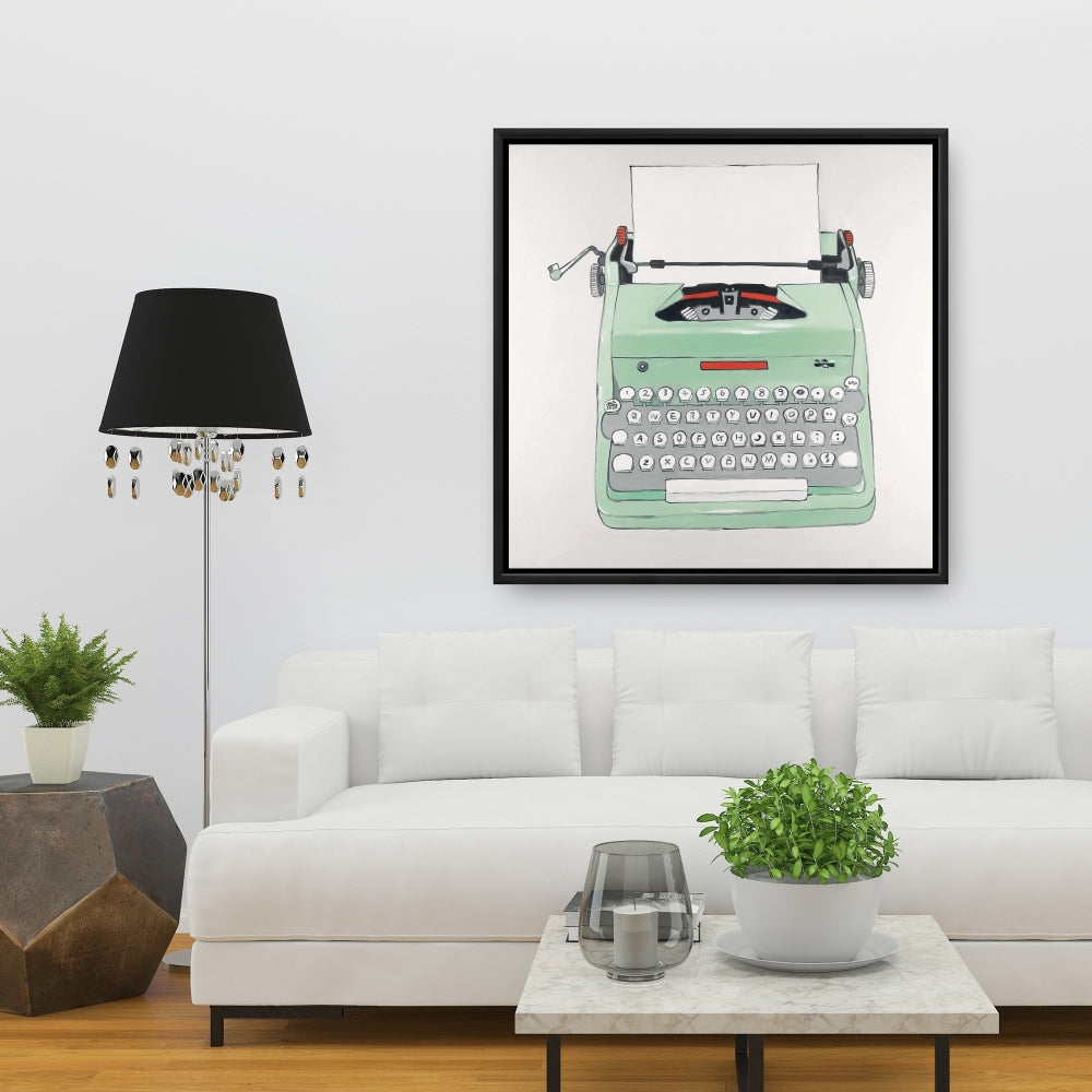 Mint Typewriter Framed Canvas | Retro Neo Home Decor Art