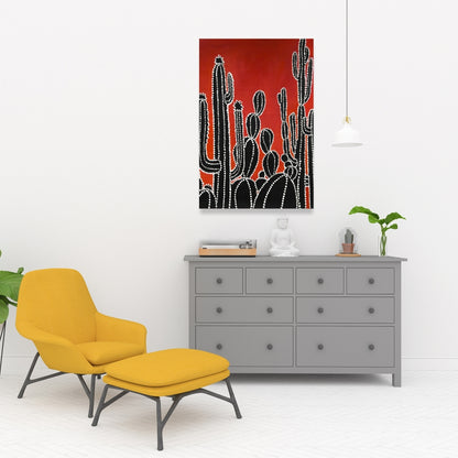Black Tall Cactus Canvas | Retro Botanical Bedroom Decor