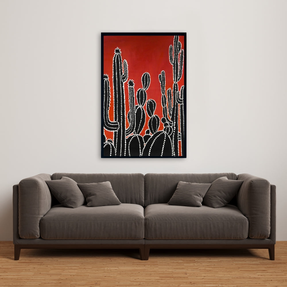 Retro Black Floral Cactus Canvas | Botanical Home Decor