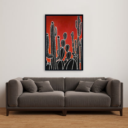 Retro Black Floral Cactus Canvas | Botanical Home Decor