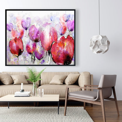 Pink Tulips Field Botanical Framed Canvas | Home Decor Art