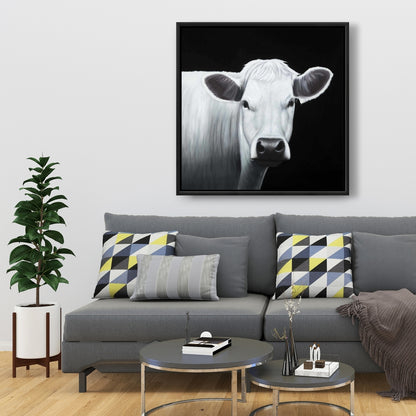 White Cow Framed Canvas | Farm Animal Monochrome Home Decor