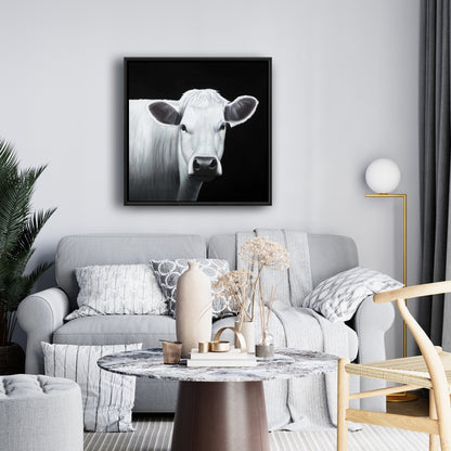 White Cow Framed Canvas | Farm Animal Monochrome Home Decor