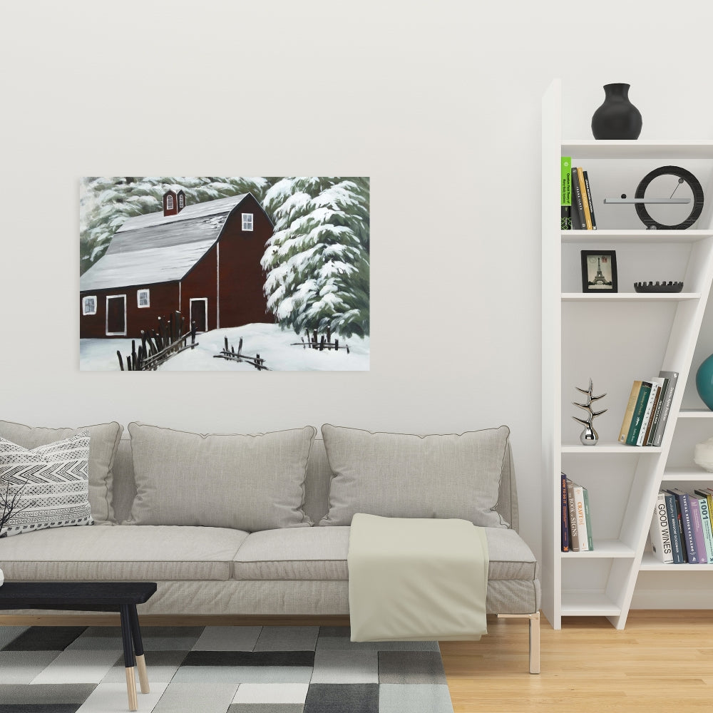 Red Barn in Snow - Trees Architecture White Canvas Home Decor